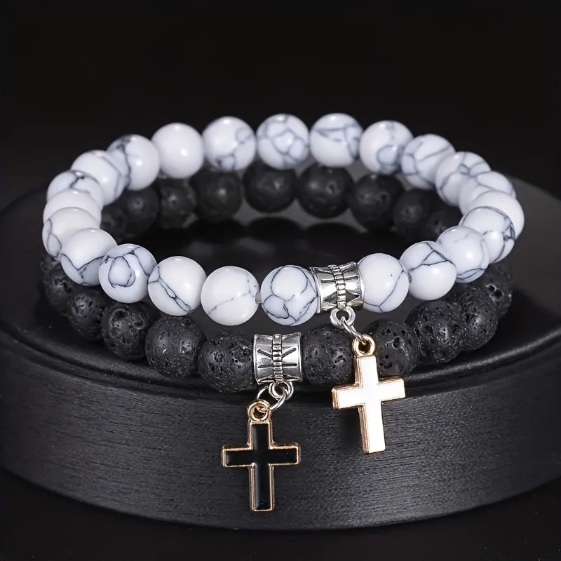 2Pcs Bold Black Volcanic Stone Beaded Cross Bracelet