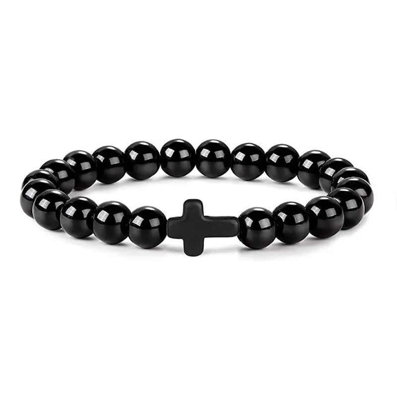 Prayer Natural Stone Wood Beads Rosary Hematite Cross Bracelet