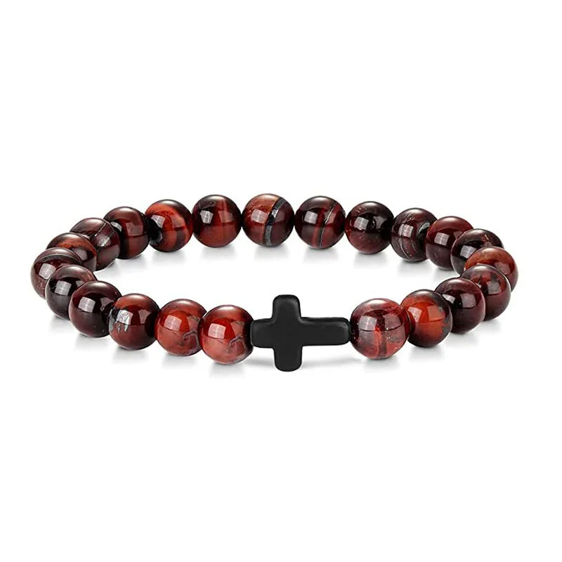 Prayer Natural Stone Wood Beads Rosary Hematite Cross Bracelet
