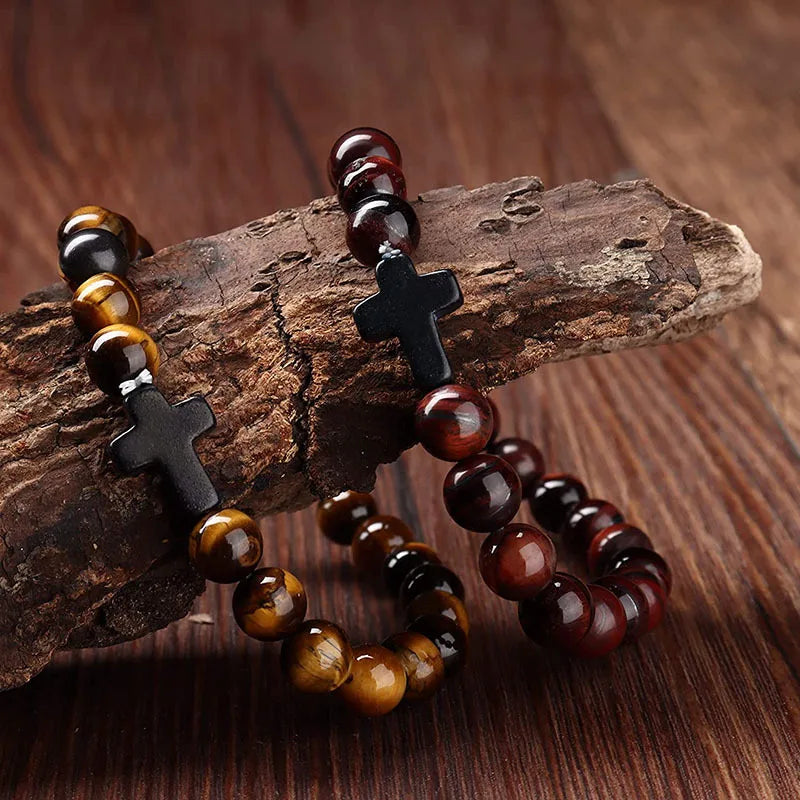 Prayer Natural Stone Wood Beads Rosary Hematite Cross Bracelet
