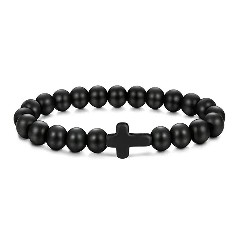 Prayer Natural Stone Wood Beads Rosary Hematite Cross Bracelet