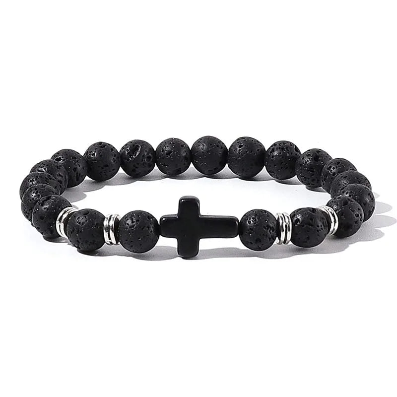 Prayer Natural Stone Wood Beads Rosary Hematite Cross Bracelet