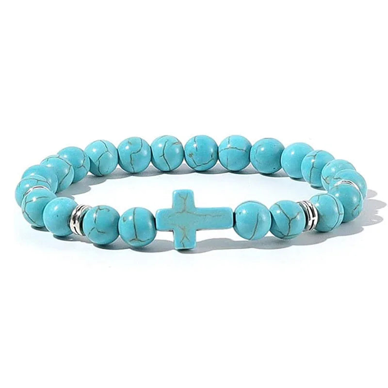 Prayer Natural Stone Wood Beads Rosary Hematite Cross Bracelet