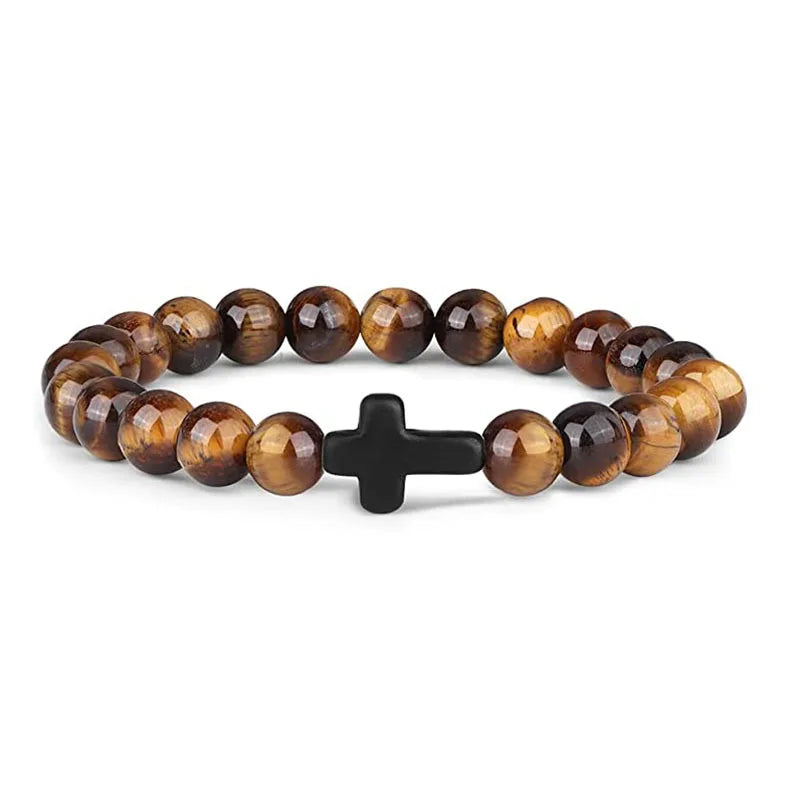Prayer Natural Stone Wood Beads Rosary Hematite Cross Bracelet
