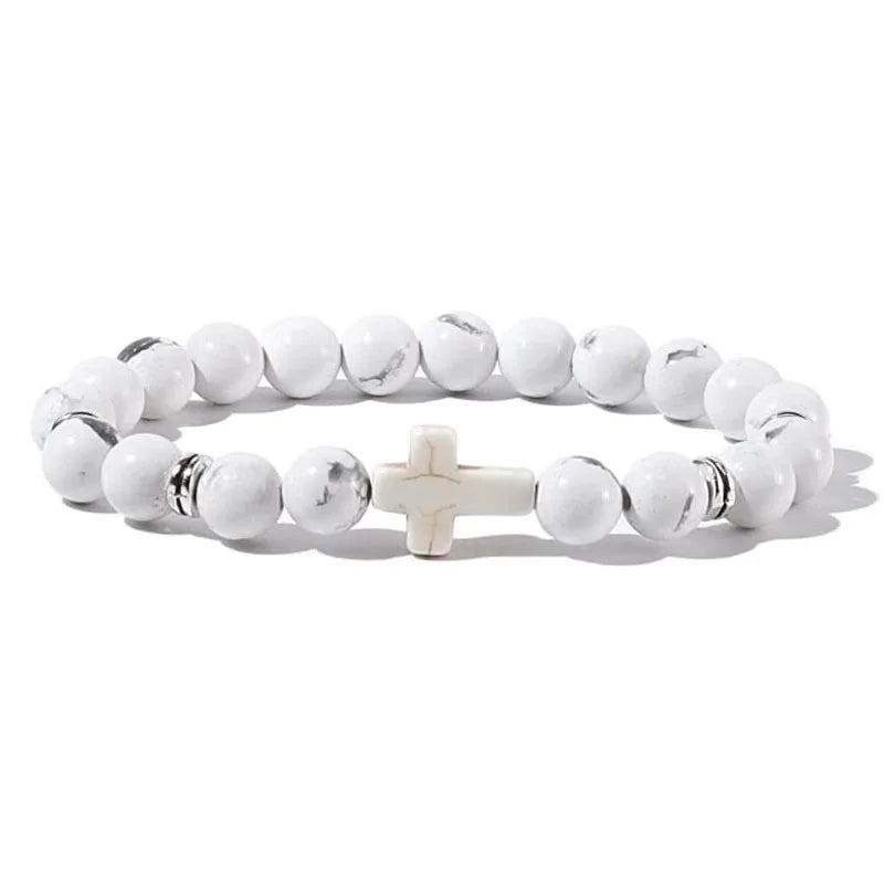 Prayer Natural Stone Wood Beads Rosary Hematite Cross Bracelet