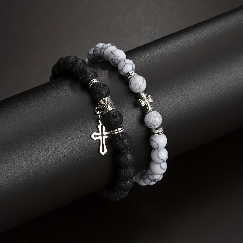 2Pcs Bold Black Volcanic Stone Beaded Cross Bracelet