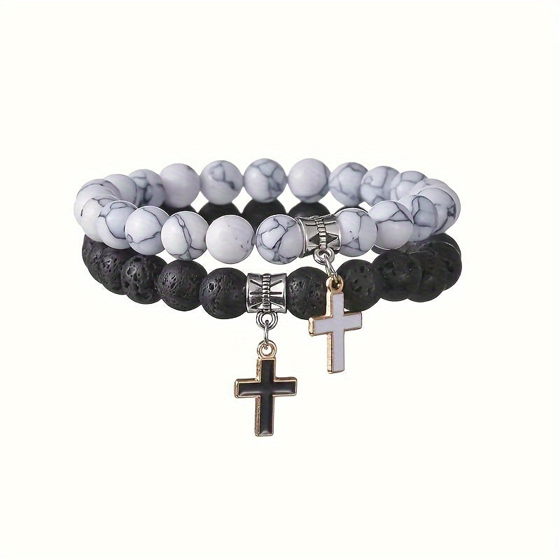 2Pcs Bold Black Volcanic Stone Beaded Cross Bracelet